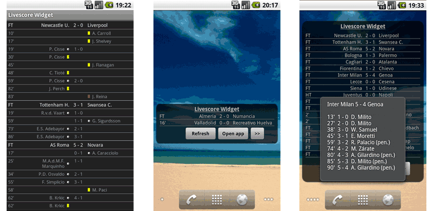 5 livescore widgets for your home screen. Live soccer results. Select your favorite teams.